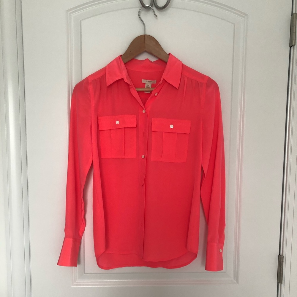 J. Crew neon silk cargo blouse